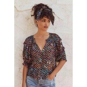 Saylor Anne Floral Printed Ruffle Blouse Wildflower Dobby Small